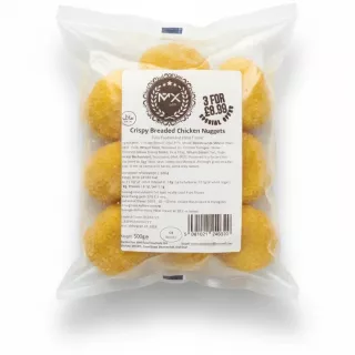 Pack of MX Crispy Breaded Chicken Nuggets in clear plastic packaging with label