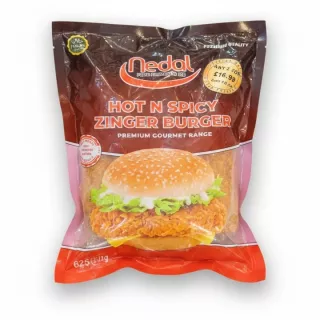 Nedal Hot N Spicy Zinger Burger frozen packaging with crispy chicken burger image