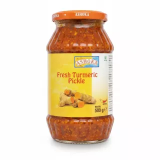 Jar of Ashoka Fresh Turmeric Pickle with orange lid and yellow label