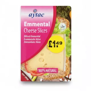 Pack of Aytac Emmental Cheese Slices with 100% natural label and Halal certification