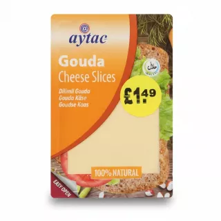 Front packaging of Aytac Gouda Cheese Slices with price label