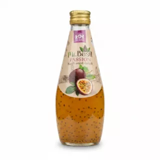 Glass bottle of Mr. Basil Passion Basil Seed Drink with golden cap