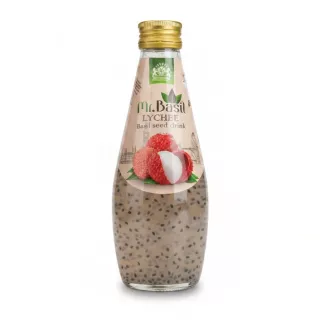 Bottle of Mr. Basil Lychee Basil Seed Drink with visible seeds in liquid