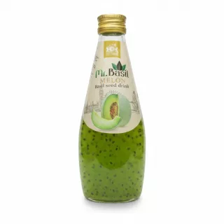 Bottle of Mr. Basil melon basil seed drink showing front label and green content with basil seeds