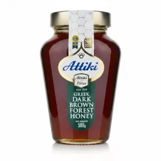 Jar of Attiki Greek Dark Brown Forest Honey in 500g glass container