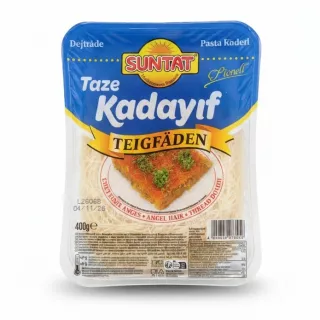 Packaged Suntat brand fresh Kadayif angel hair pastry in blue wrapping