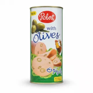 Tin of Robert Chicken Luncheon Meat with Olives showing front label