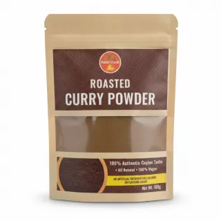 Front view of Naturi Fresh Roasted Curry Powder in a brown resealable paper pouch with transparent window