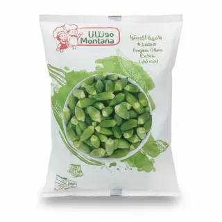 Front side of Montana Frozen Okra Extra bag showing green okra pieces