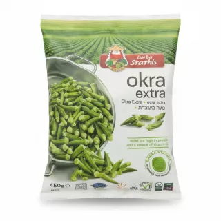 packaged Barba Stathis Okra Extra frozen product showing okra graphic