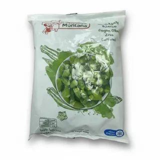 Montana brand frozen okra in sealed plastic bag