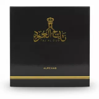 Black box with gold Arabic logo and Taj Al Oud branding