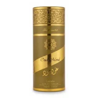 Golden cylindrical box of Lattafa Oud Mood Eau de Parfum