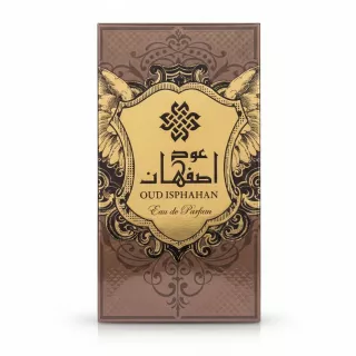 Front of Oud Isphahan Eau de Parfum box with elegant gold and brown design