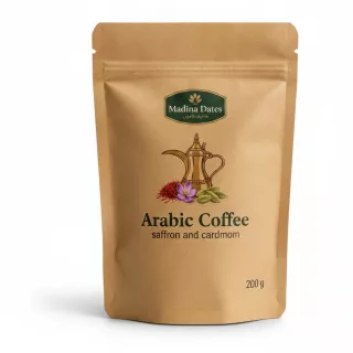 Madina Dates Arabic Coffee with saffron and cardamom in a brown resealable bag