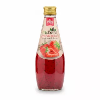 Bottle of Mr. Basil Strawberry Basil Seed Drink with strawberries on label