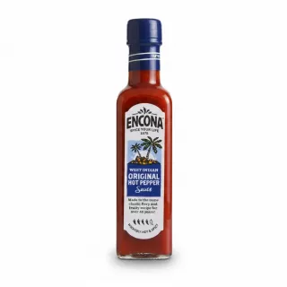 Bottle of Encona West Indian Original Hot Pepper Sauce front label showing spicy pepper illustration