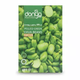Box of Donya peeled green frozen fava beans front view