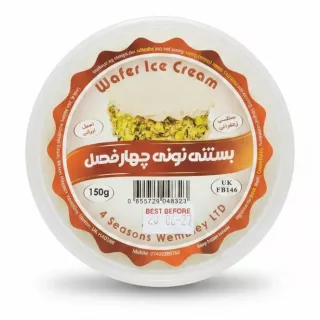 Top view of 4 Seasons wafer ice cream in plastic tub showing product label