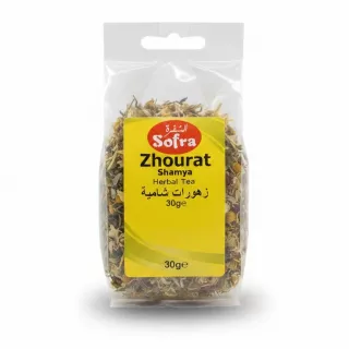 Sofra Zhourat Shamya Herbal Tea front packaging with yellow label