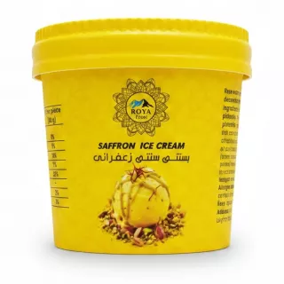 Roya Frost saffron pistachio ice cream container with yellow lid and decorative design