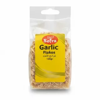 Front view of Sofra Garlic Flakes clear bag with yellow label