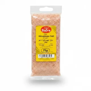 Packet of Sofra Pink Himalayan Fine Salt held in hand