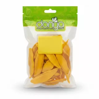 pack of dried mango slices in clear plastic bag with green label