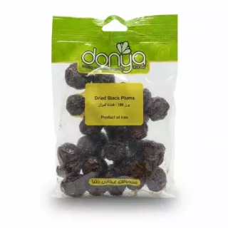 pack of dried black plums in a transparent and green dontya branded bag
