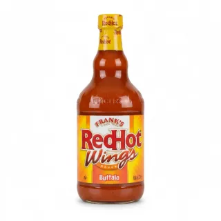 Bottle of Frank's RedHot Buffalo Wings Sauce with yellow and red label