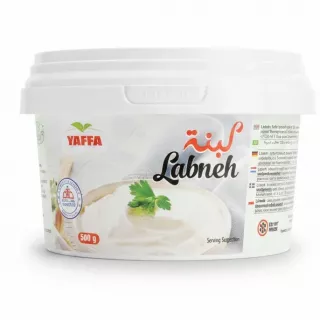 Container of Yaffa Labneh strained yoghurt lightly salted 500g with parsley garnish on label