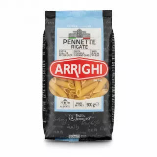 Front view of Arrighi Pennette Rigate pasta 500g pack