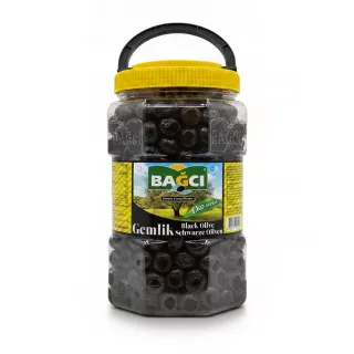 Jar of Bagci Gemlik black olives with yellow lid and handle