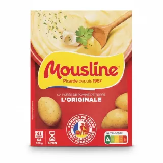 Box of Mousline instant mashed potato flakes with yellow and red packaging