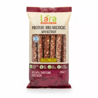 Pack of Lara Natural Protein Breadsticks with Beetroot in cream and burgundy packaging