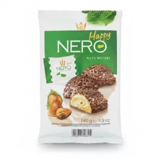 Flis Nero Happy Nuts Wafers packet front showing chocolate-covered wafers and hazelnuts