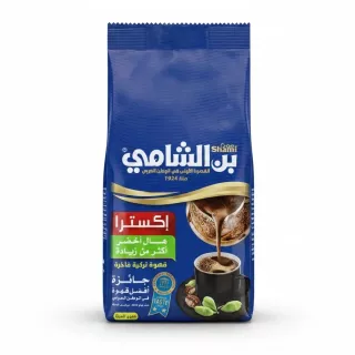 Cafe Shami blue bag of Turkish coffee with extra cardamom front view