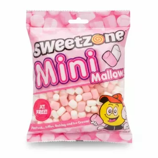 Sweetzone branded pink and white mini marshmallows in resealable bag