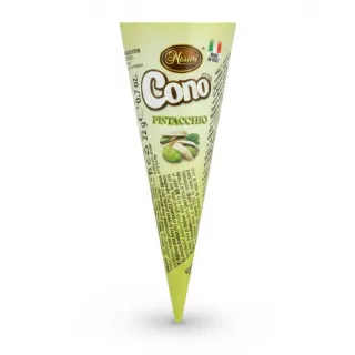 Messori Cono Pistacchio chocolate cone wrapped in green packaging held in hand