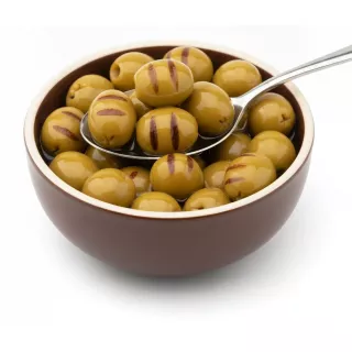Pickled green olives with distinct grill marks in a brown bowl