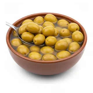 Pickled green olives in brine in a brown dish