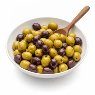 Mix of green and black olives marinated in herbs and oil
