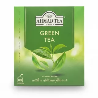 Box of Ahmad Tea Green Tea Classic Blend with 100 tagged tea bags