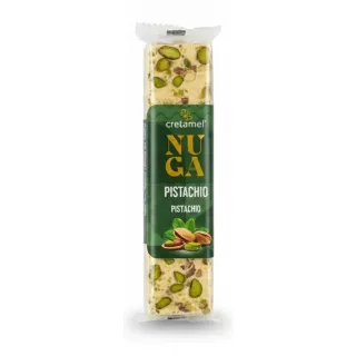 Front view of the Cretamel Pistachio Nougat Bar in clear packaging showing pistachios