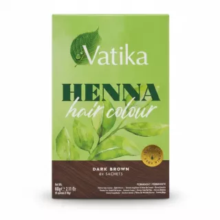 Vatika Henna Hair Colour box front showing dark brown shade and 6 sachets
