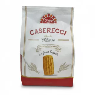 Di Leo Caserecci Chitarre Pasta in white and red packet front view