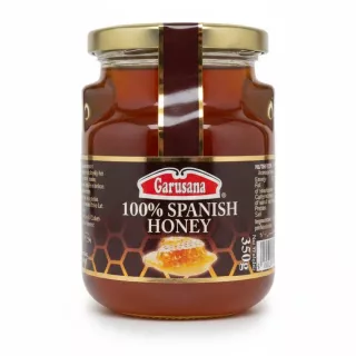 Glass jar of Garusana 100% Spanish Honey with gold lid