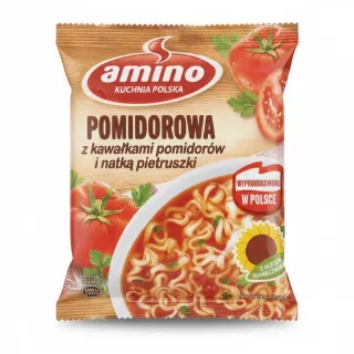 Amino tomato soup pack front showing tomato and parsley design