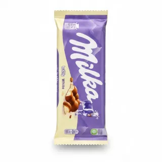 Milka Milky White chocolate bar packaging showing purple and cream colours
