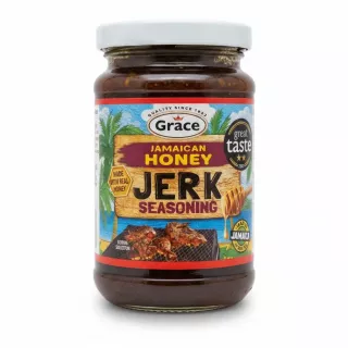 Glass jar of Grace Jamaican Honey Jerk Seasoning with colourful label
